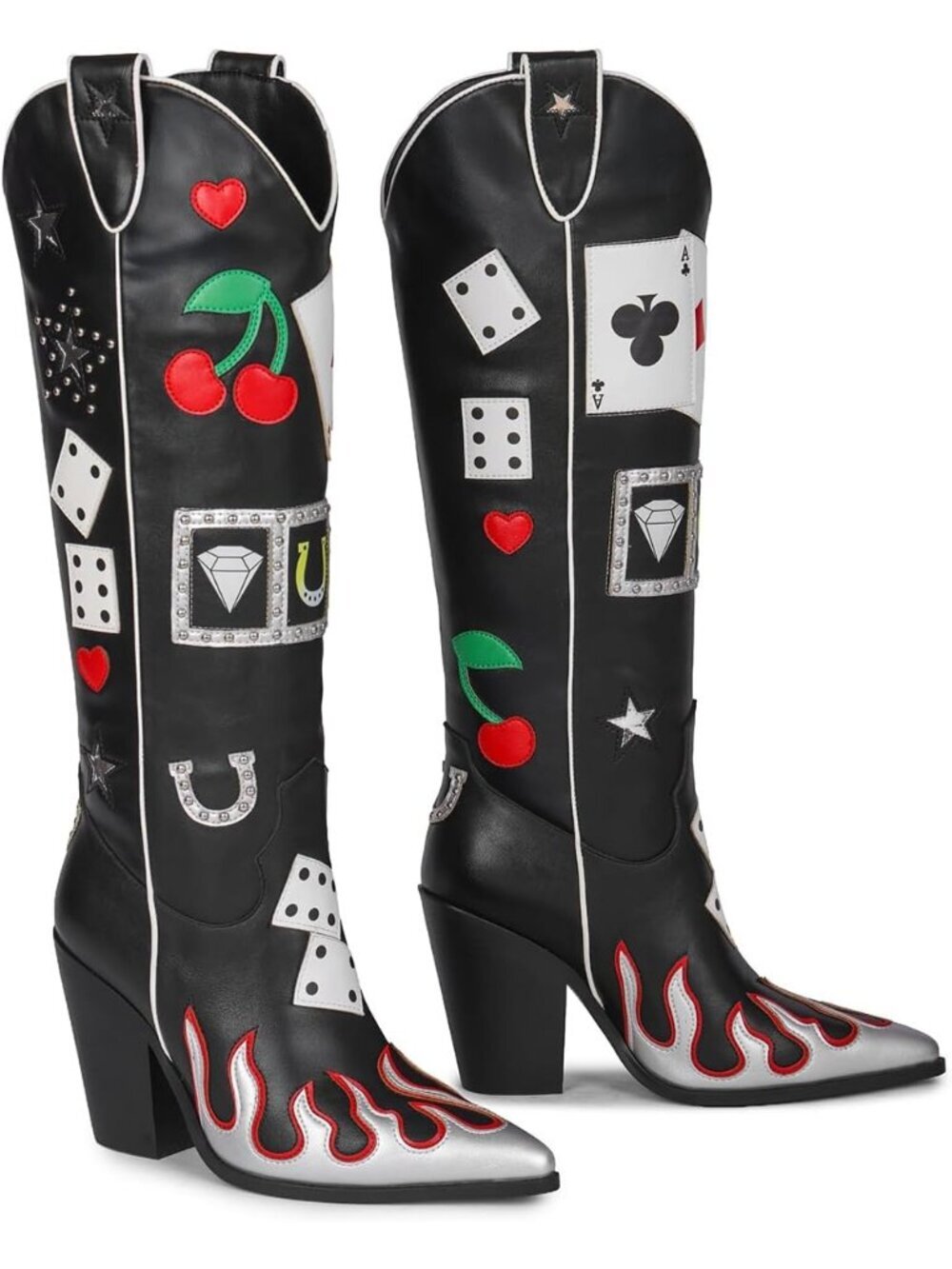 Women's Black Multi Element Western Slip On Knee High Pointed Toe Cowgirl Boots